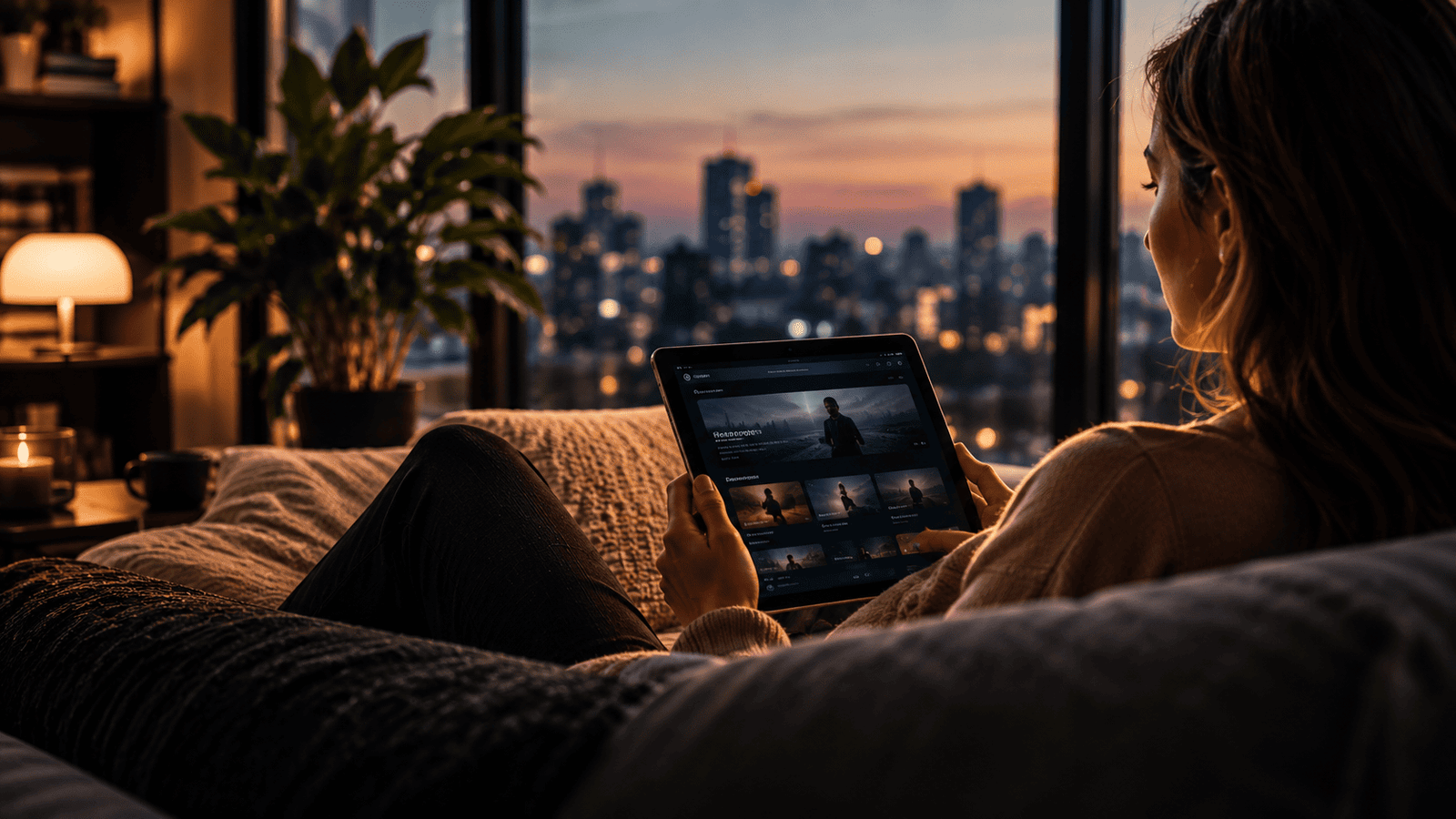 Mujer con una tablet frente a la ciudad al atardecer