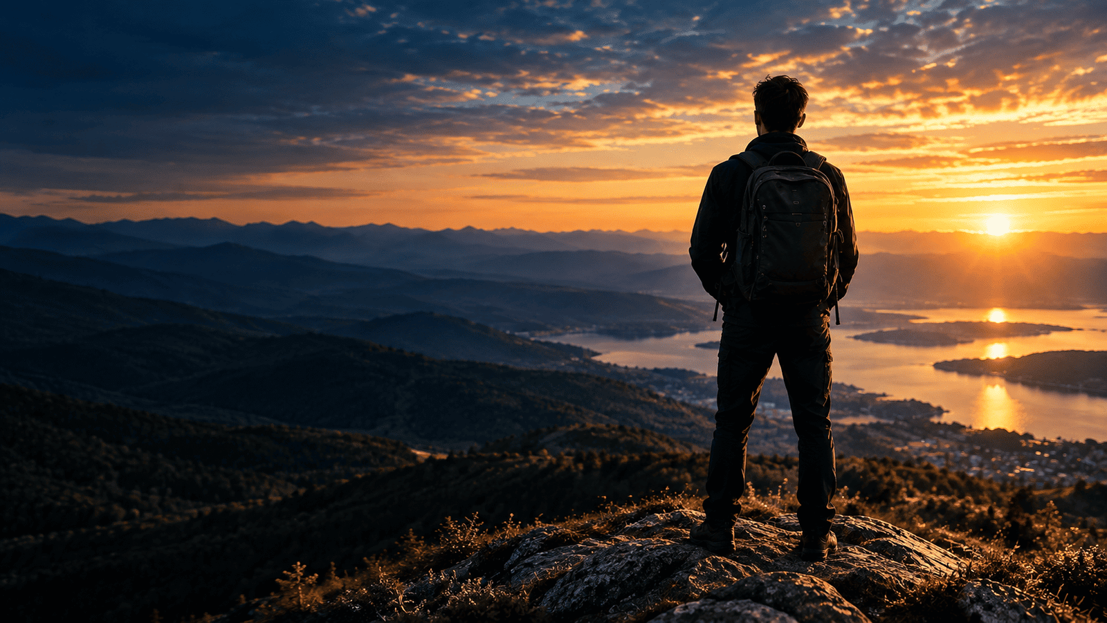 Hombre de espaldas con mochila sobre una roca, frente al atardecer