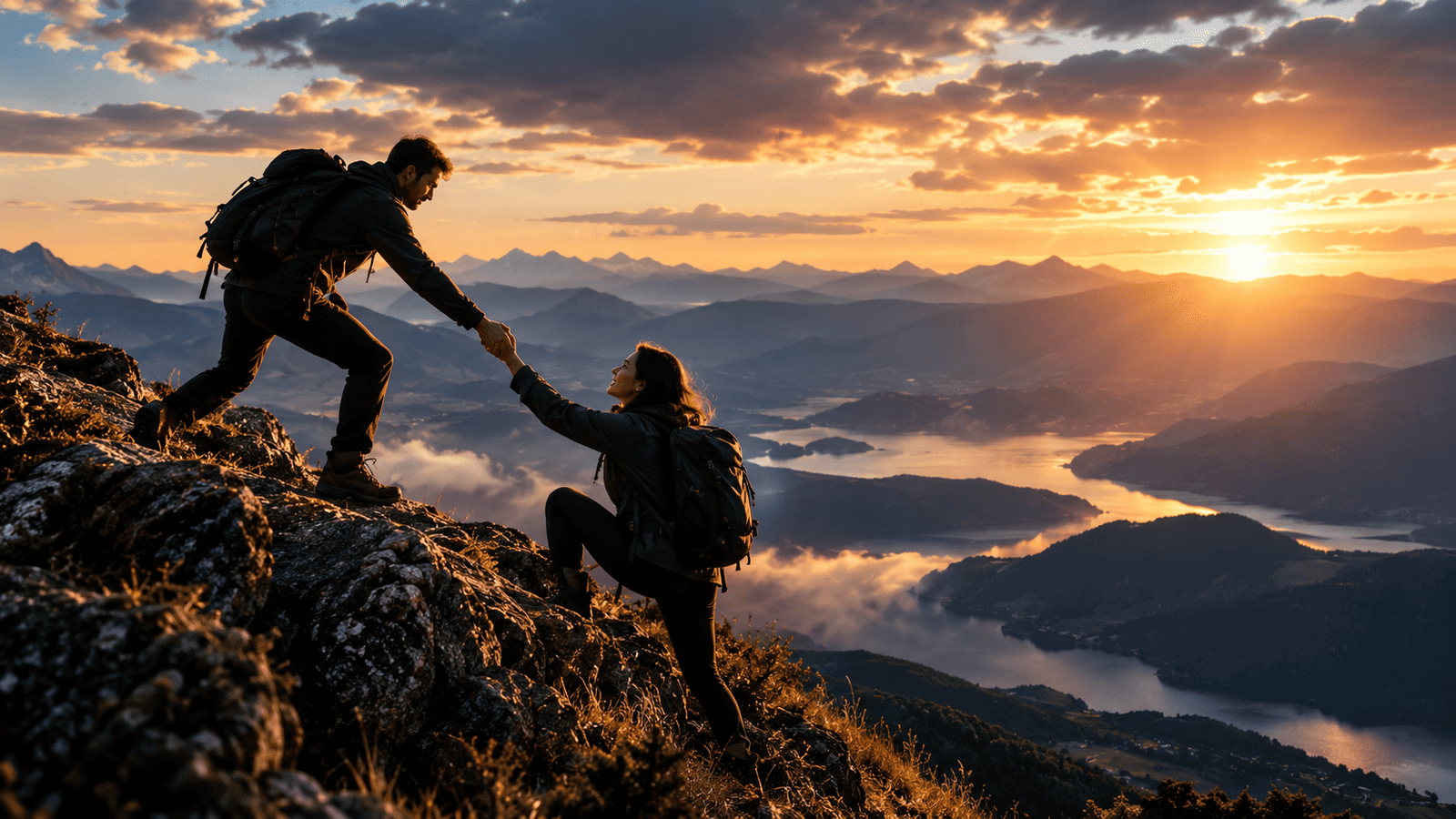 Dos personas en una montaña, una ayudando a la otra a avanzar